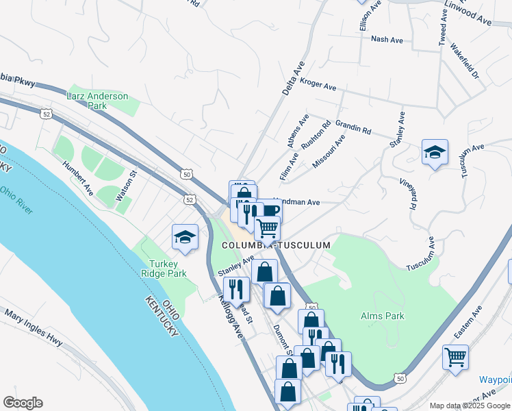 map of restaurants, bars, coffee shops, grocery stores, and more near 414 Hoge Street in Cincinnati