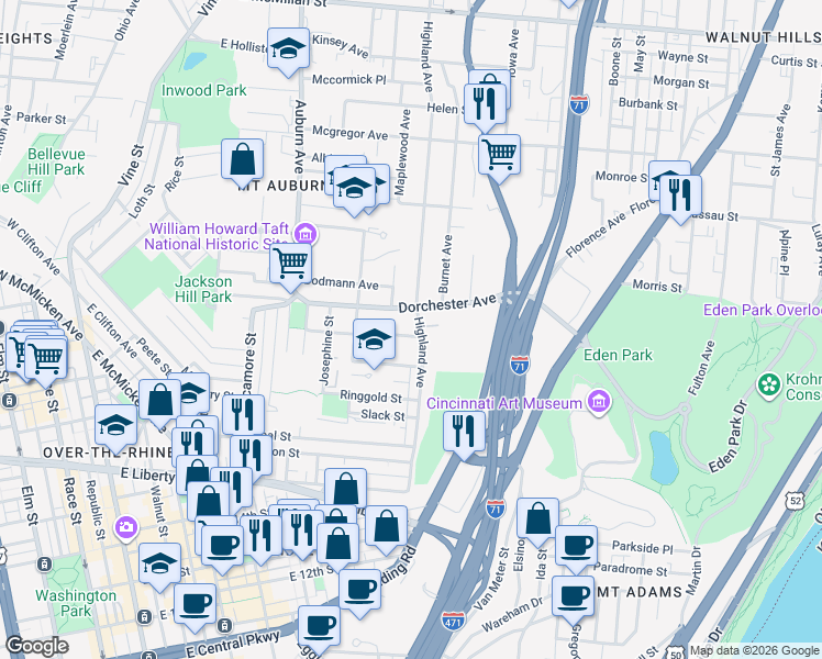 map of restaurants, bars, coffee shops, grocery stores, and more near 548 Carmalt Street in Cincinnati