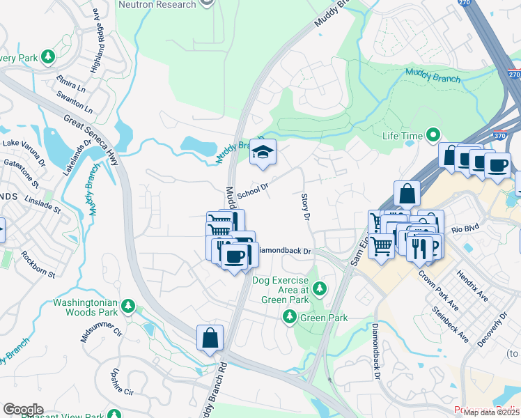 map of restaurants, bars, coffee shops, grocery stores, and more near 200 Gold Kettle Drive in Gaithersburg