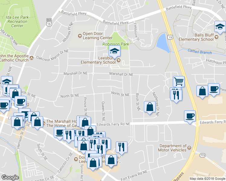 map of restaurants, bars, coffee shops, grocery stores, and more near 602 North Street Northeast in Leesburg