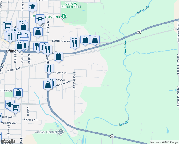 map of restaurants, bars, coffee shops, grocery stores, and more near 1005 East Gordon Avenue in Effingham