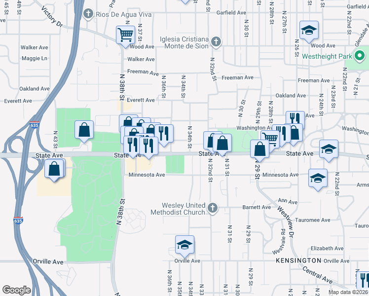 map of restaurants, bars, coffee shops, grocery stores, and more near 3400 State Avenue in Kansas City