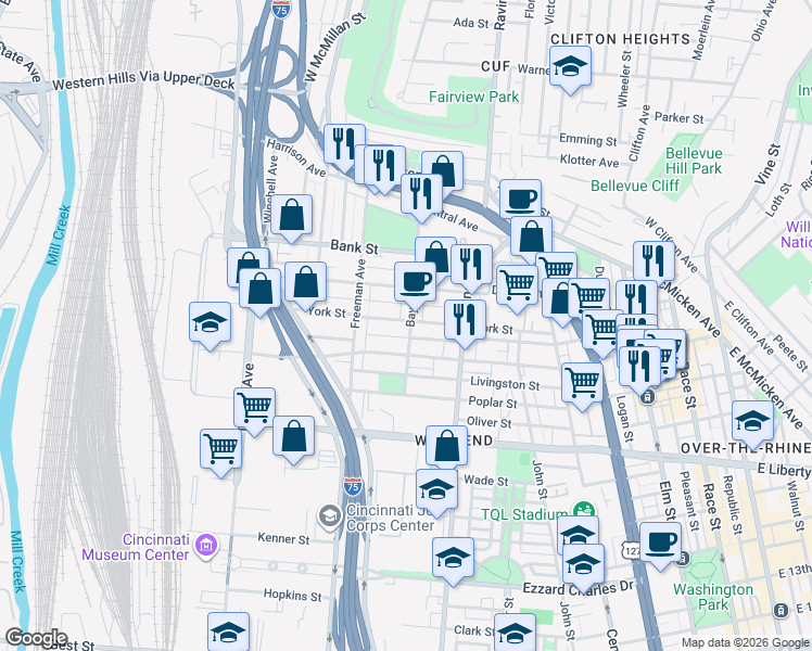 map of restaurants, bars, coffee shops, grocery stores, and more near in Cincinnati