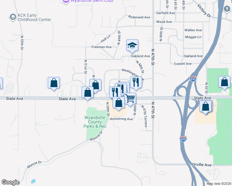 map of restaurants, bars, coffee shops, grocery stores, and more near 4900 State Avenue in Kansas City