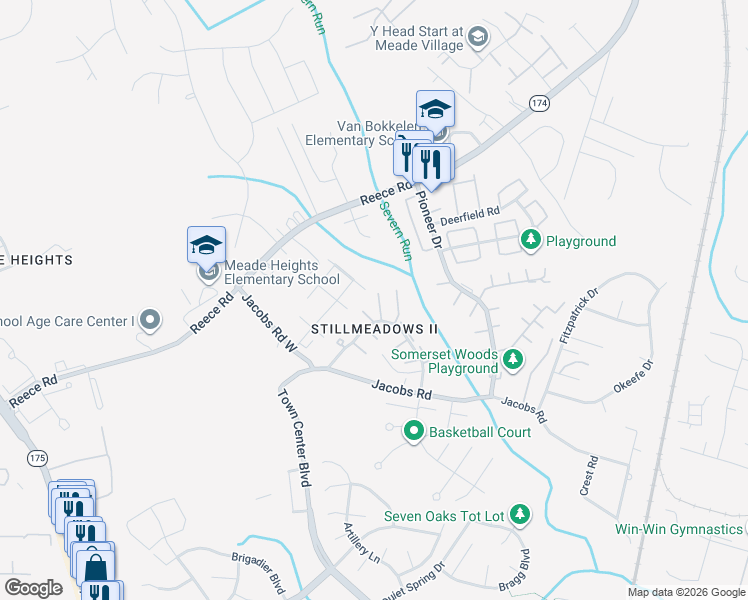 map of restaurants, bars, coffee shops, grocery stores, and more near 8206 Stewarton Court in Severn