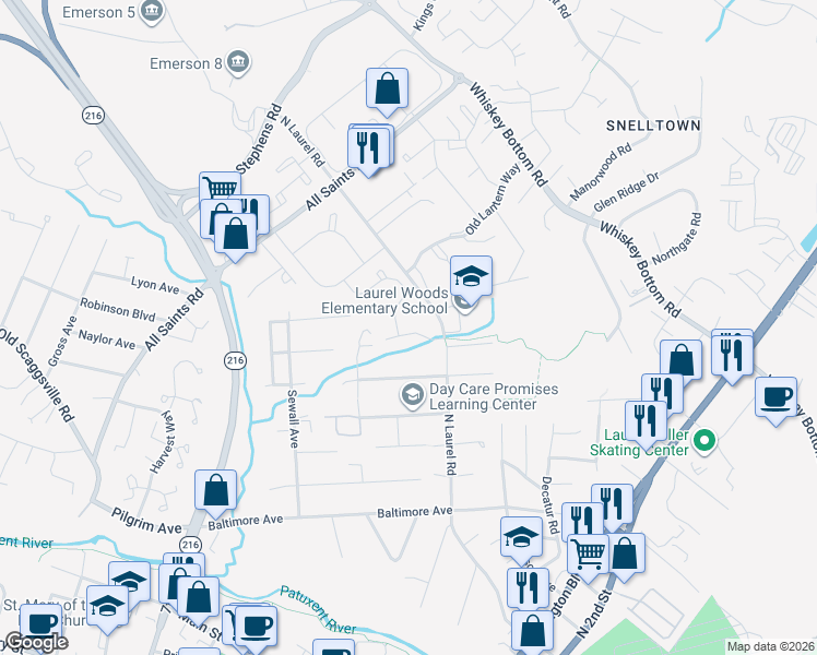 map of restaurants, bars, coffee shops, grocery stores, and more near 9640 Homestead Court in Laurel