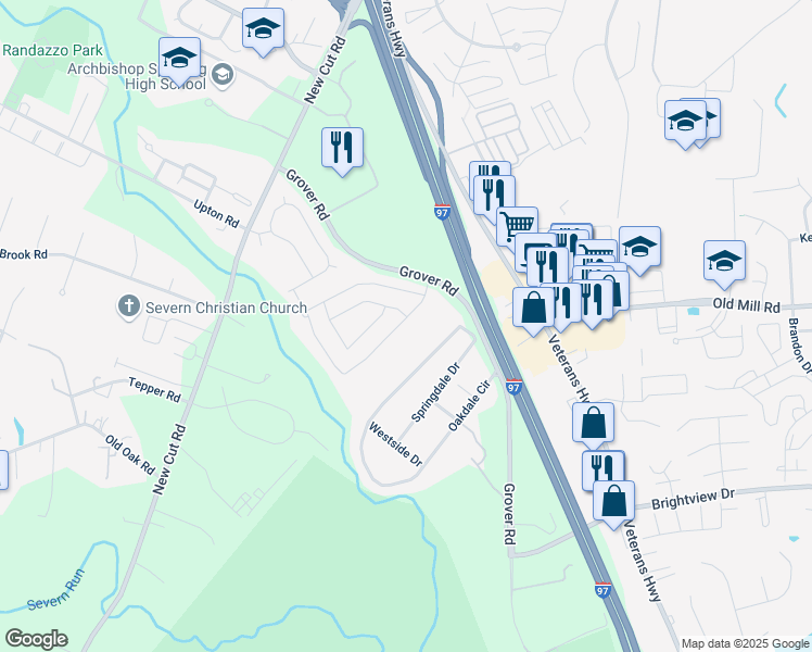 map of restaurants, bars, coffee shops, grocery stores, and more near 8221 Daniels Purchase Way in Millersville