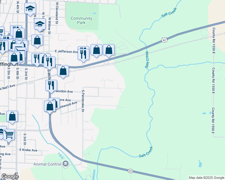 map of restaurants, bars, coffee shops, grocery stores, and more near 1017 East Gordon Avenue in Effingham