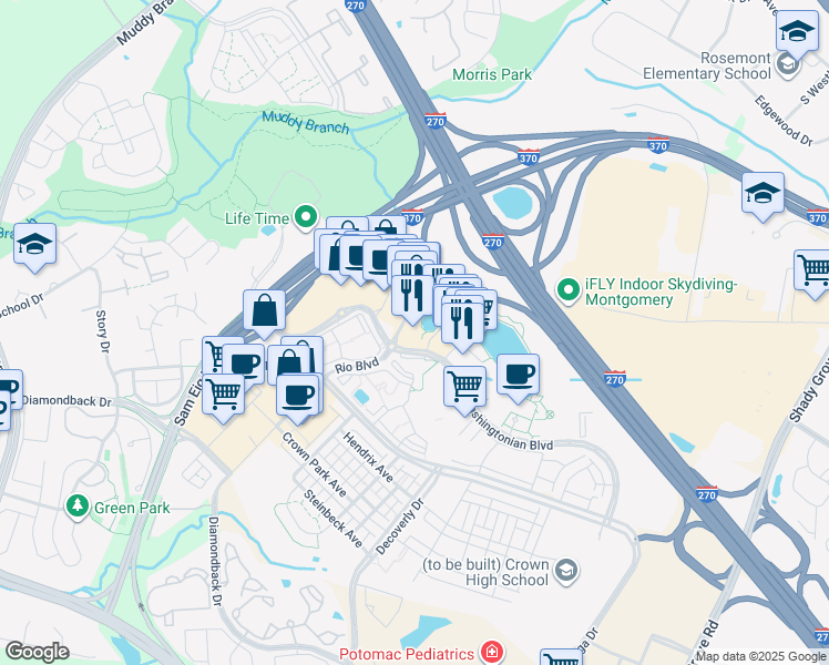 map of restaurants, bars, coffee shops, grocery stores, and more near 211 Rio Boulevard in Gaithersburg