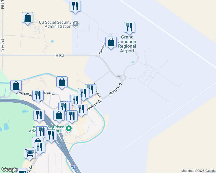 map of restaurants, bars, coffee shops, grocery stores, and more near Hilaria Avenue in Grand Junction