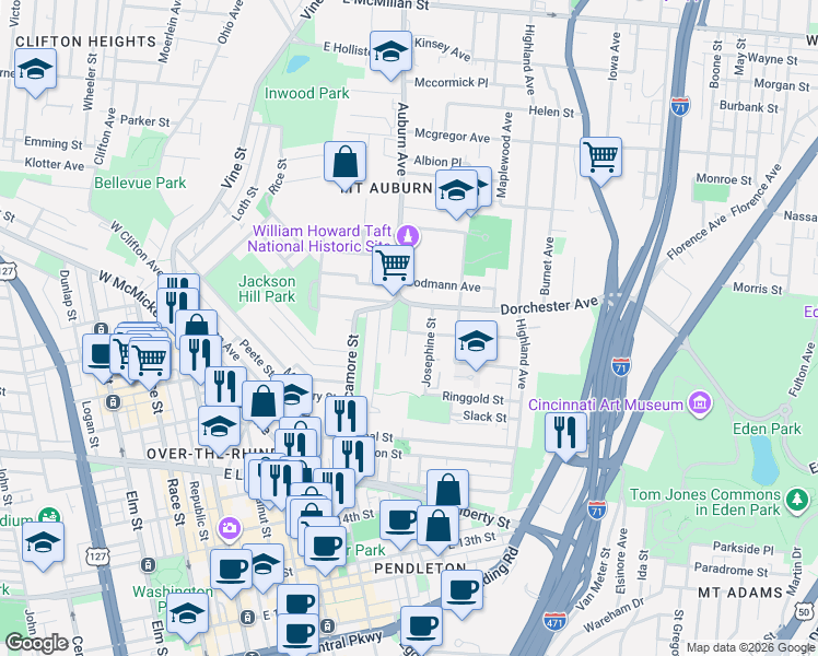 map of restaurants, bars, coffee shops, grocery stores, and more near 6 Park Place in Cincinnati