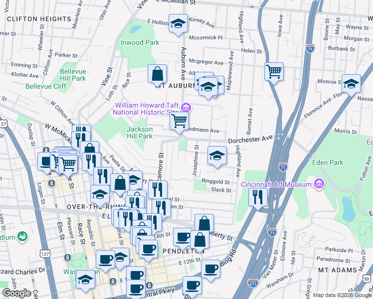 map of restaurants, bars, coffee shops, grocery stores, and more near 6 Park Place in Cincinnati