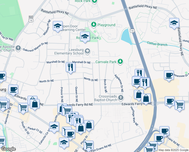 map of restaurants, bars, coffee shops, grocery stores, and more near 208 Mayfair Drive Northeast in Leesburg