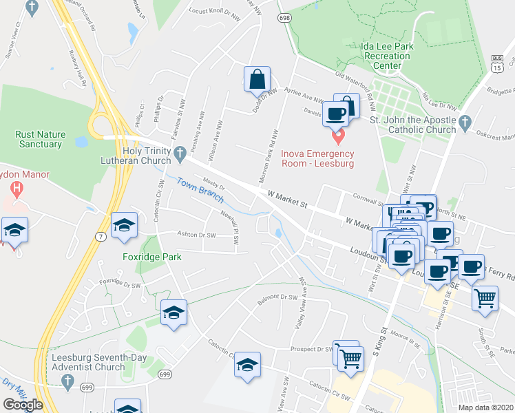 map of restaurants, bars, coffee shops, grocery stores, and more near 104 Morven Park Road Southwest in Leesburg