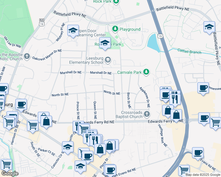 map of restaurants, bars, coffee shops, grocery stores, and more near 605 Nathan Place Northeast in Leesburg