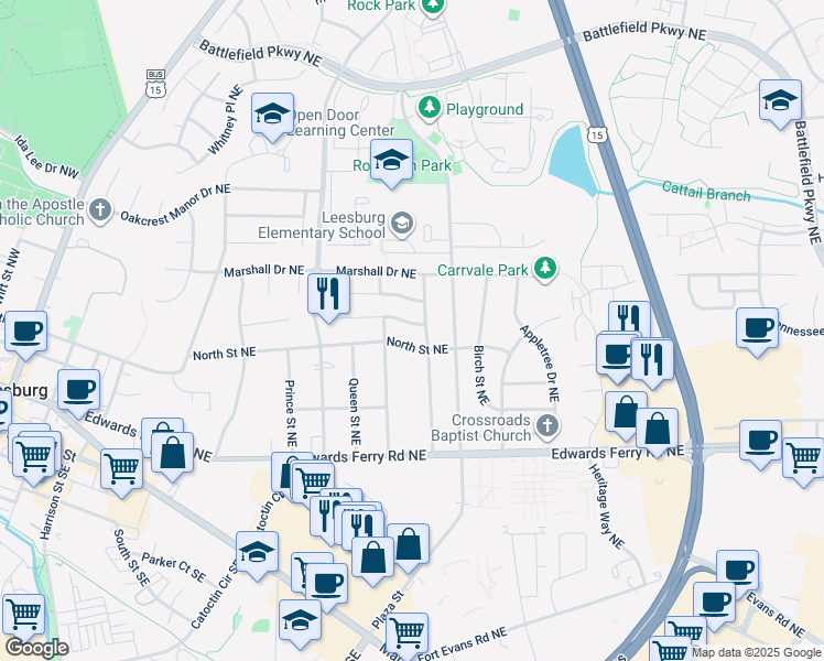 map of restaurants, bars, coffee shops, grocery stores, and more near 605 Nathan Place Northeast in Leesburg