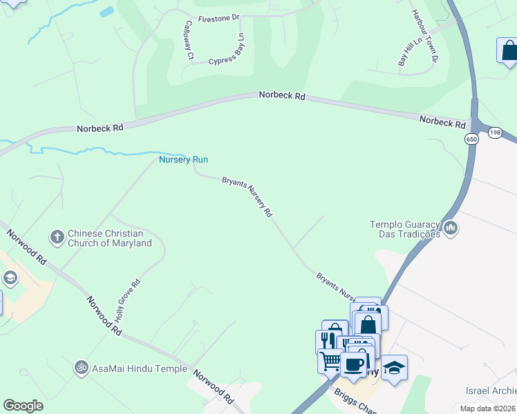 map of restaurants, bars, coffee shops, grocery stores, and more near 315 Bryants Nursery Road in Silver Spring