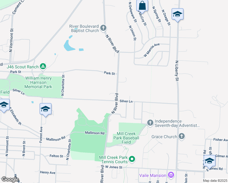map of restaurants, bars, coffee shops, grocery stores, and more near 2502 North River Boulevard in Independence
