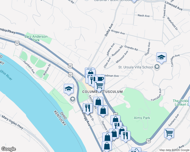 map of restaurants, bars, coffee shops, grocery stores, and more near 3528 Columbia Parkway in Cincinnati
