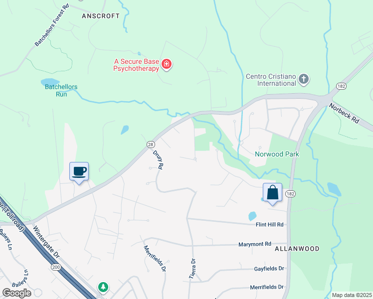 map of restaurants, bars, coffee shops, grocery stores, and more near 15920 Woods Center Road in Silver Spring