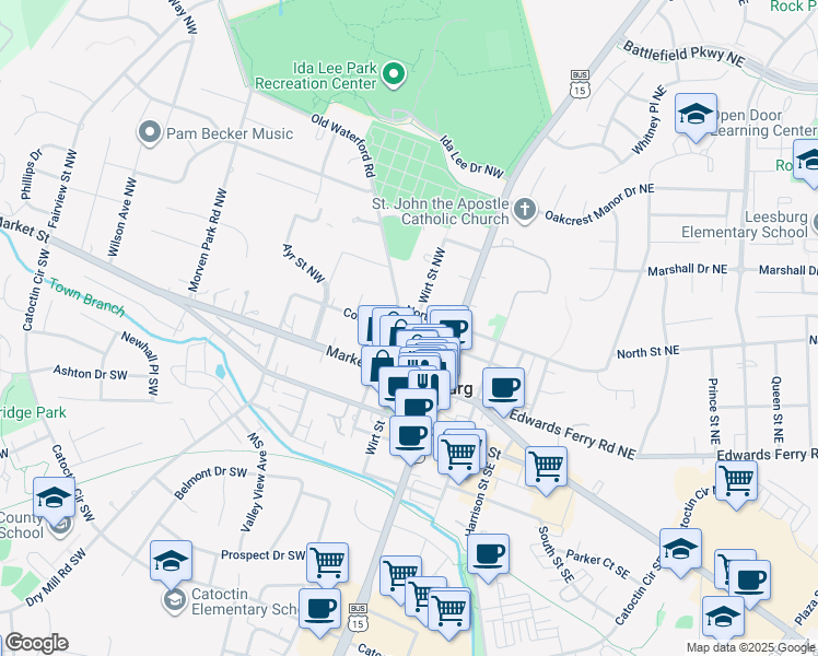 map of restaurants, bars, coffee shops, grocery stores, and more near 102 Cornwall Street Northwest in Leesburg