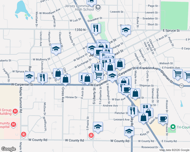 map of restaurants, bars, coffee shops, grocery stores, and more near 210 West Prairie Street in Jerseyville