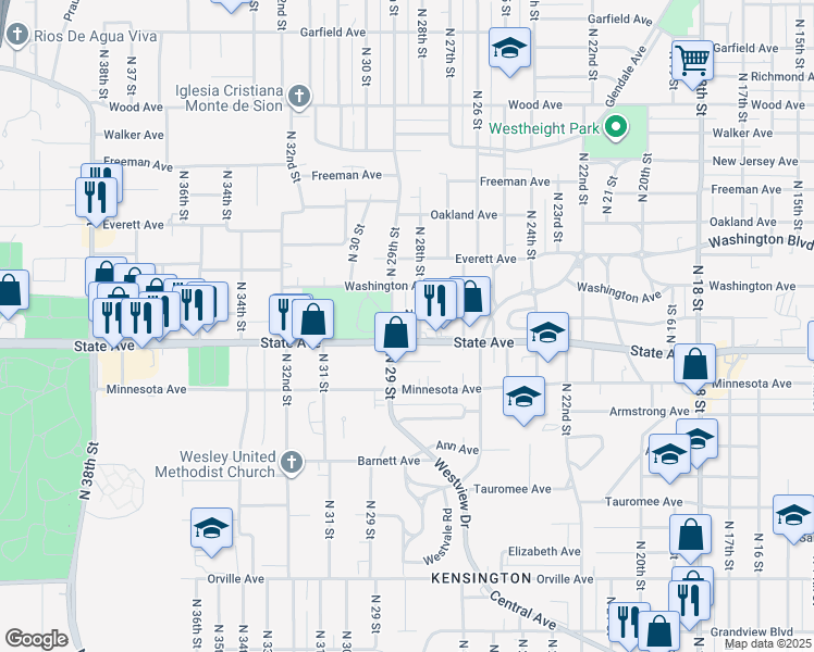 map of restaurants, bars, coffee shops, grocery stores, and more near 1100-1198 N 28 St in Kansas City