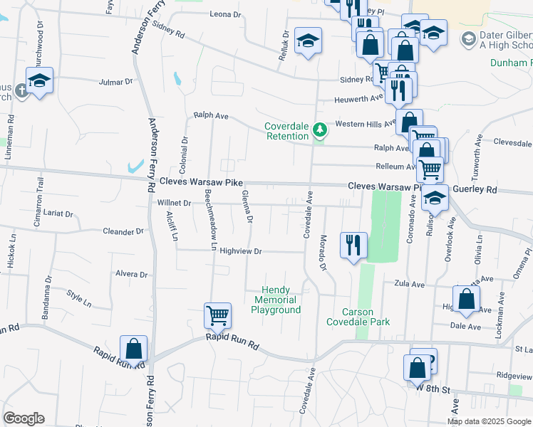 map of restaurants, bars, coffee shops, grocery stores, and more near 1131 Maureen Lane in Cincinnati