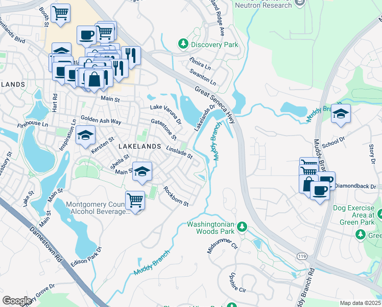 map of restaurants, bars, coffee shops, grocery stores, and more near 907 Linslade Street in Gaithersburg