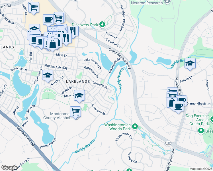 map of restaurants, bars, coffee shops, grocery stores, and more near 907 Linslade Street in Gaithersburg