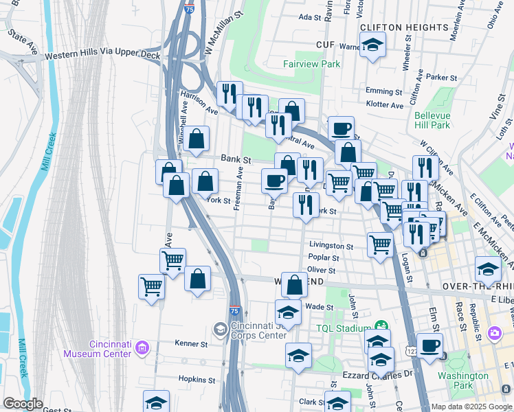 map of restaurants, bars, coffee shops, grocery stores, and more near in Cincinnati