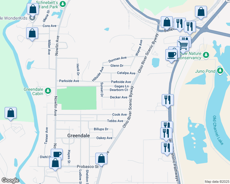 map of restaurants, bars, coffee shops, grocery stores, and more near 56 Decker Avenue in Greendale