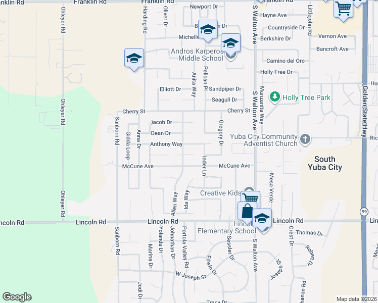 map of restaurants, bars, coffee shops, grocery stores, and more near 1839 Nelda Court in Yuba City