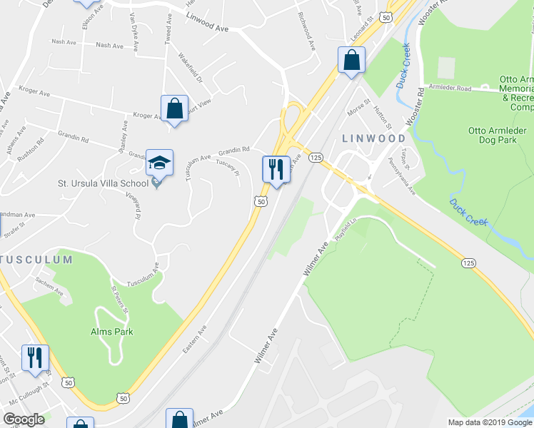 map of restaurants, bars, coffee shops, grocery stores, and more near 4576 Eastern Avenue in Cincinnati