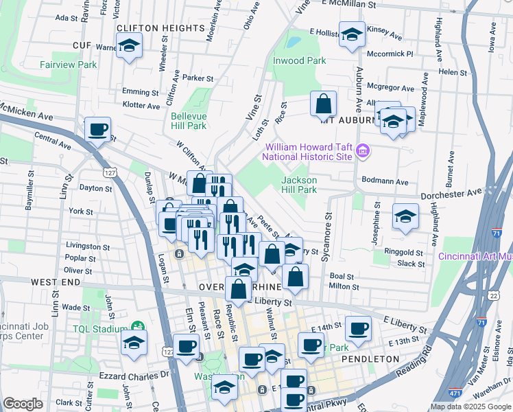 map of restaurants, bars, coffee shops, grocery stores, and more near 103 Mulberry Street in Cincinnati