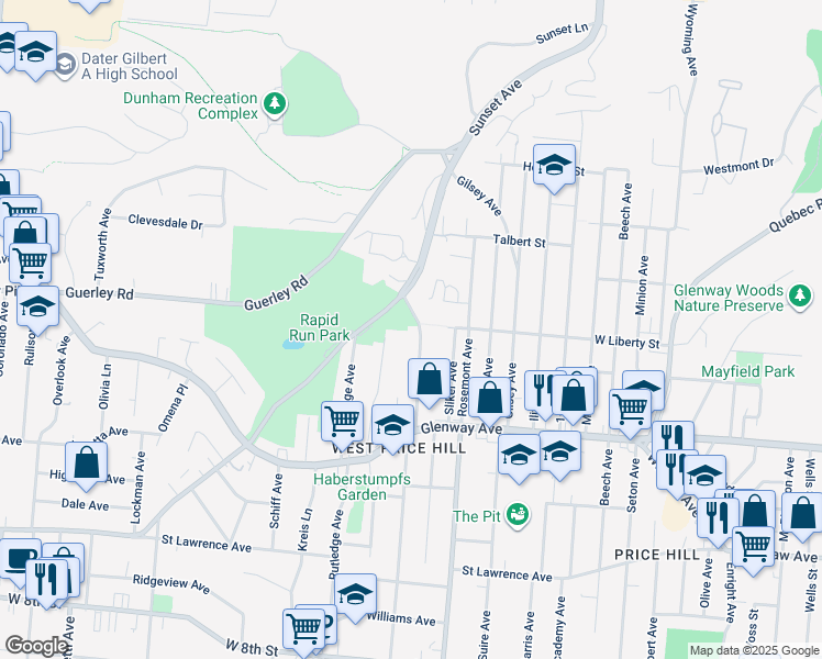 map of restaurants, bars, coffee shops, grocery stores, and more near 1269 Sunset Avenue in Cincinnati