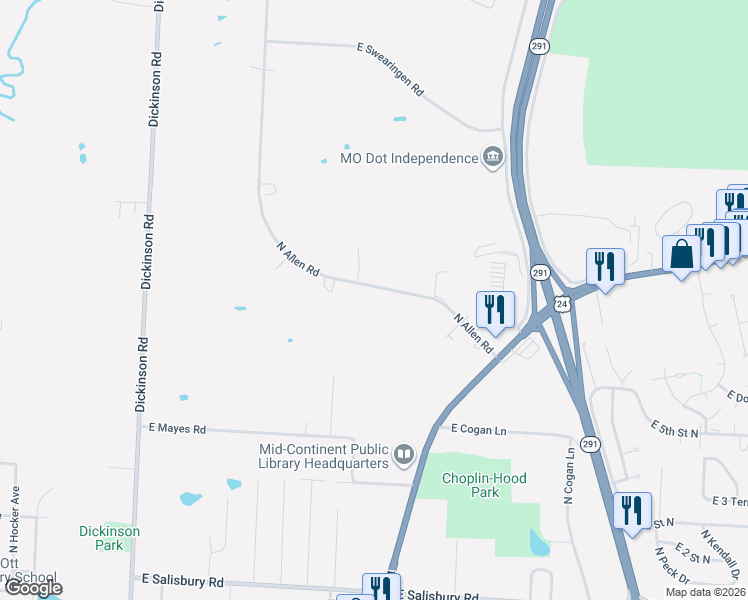 map of restaurants, bars, coffee shops, grocery stores, and more near 730 North Allen Road in Independence