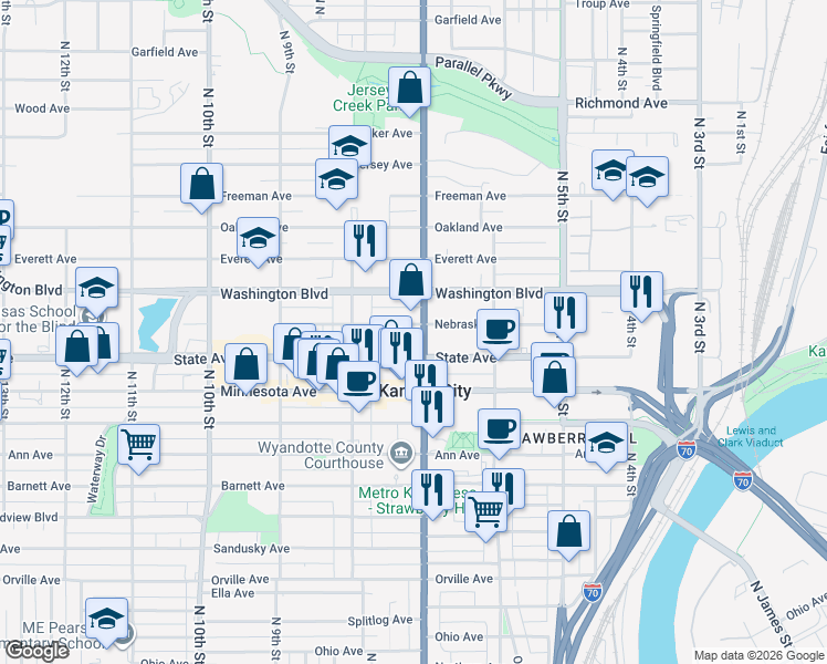 map of restaurants, bars, coffee shops, grocery stores, and more near 1118 North 7th Street Trafficway in Kansas City