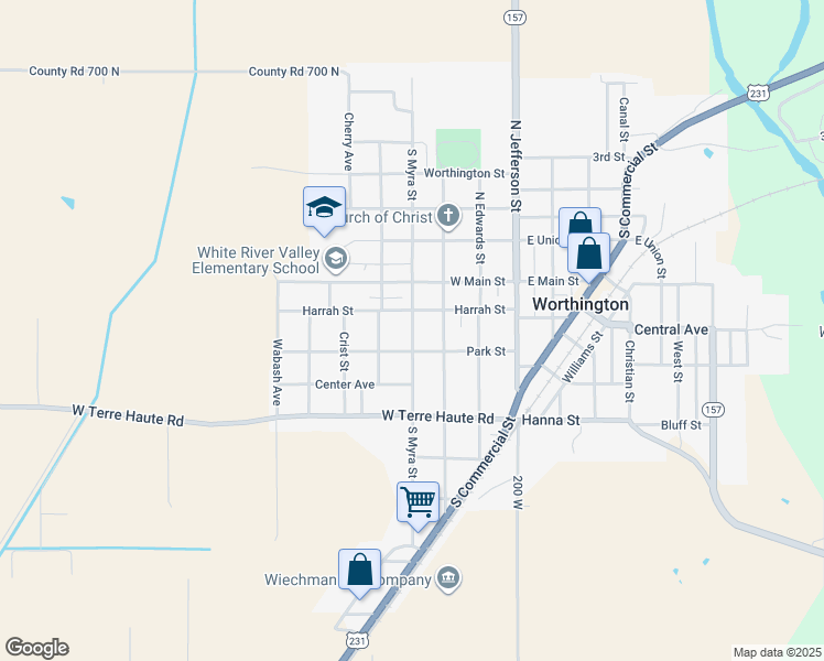 map of restaurants, bars, coffee shops, grocery stores, and more near 124 South Myra Street in Worthington