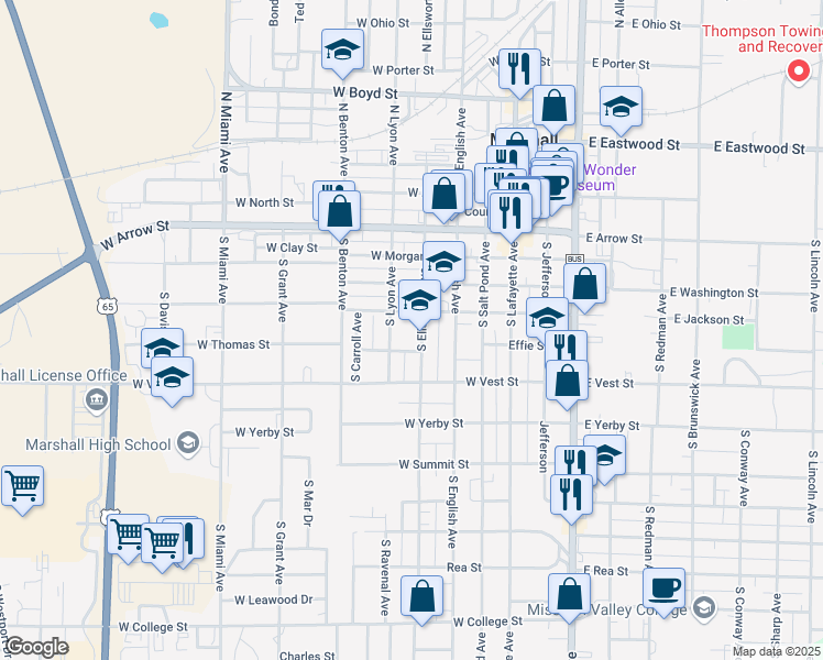 map of restaurants, bars, coffee shops, grocery stores, and more near 467 South Ellsworth Avenue in Marshall