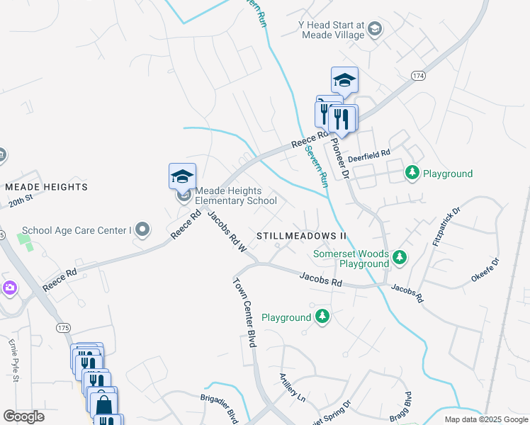 map of restaurants, bars, coffee shops, grocery stores, and more near 8328 Horned Owl Lane in Severn