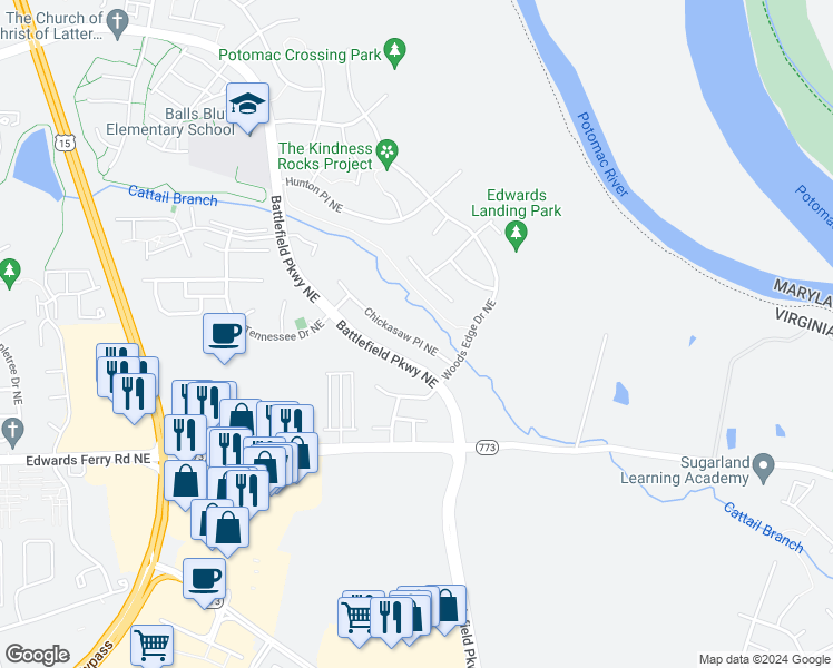 map of restaurants, bars, coffee shops, grocery stores, and more near 1616 Chickasaw Place Northeast in Leesburg