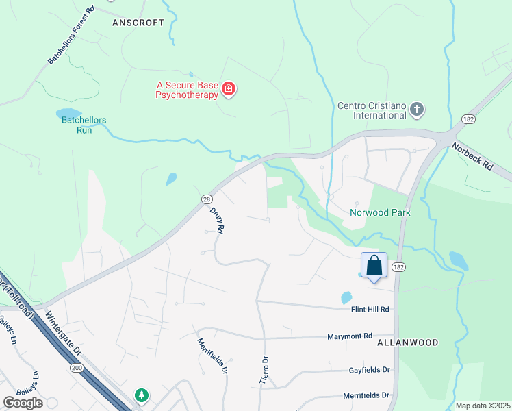 map of restaurants, bars, coffee shops, grocery stores, and more near 15920 Woods Center Road in Silver Spring