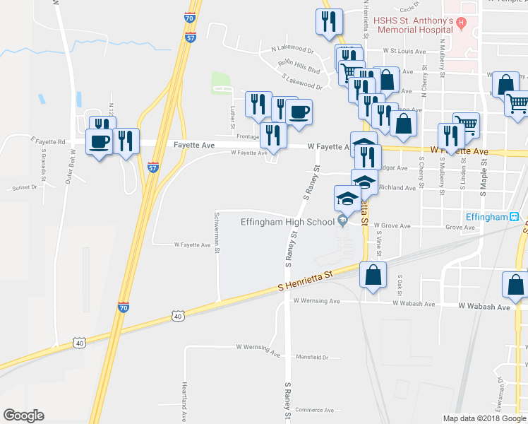 map of restaurants, bars, coffee shops, grocery stores, and more near 1399 West Grove Avenue in Effingham