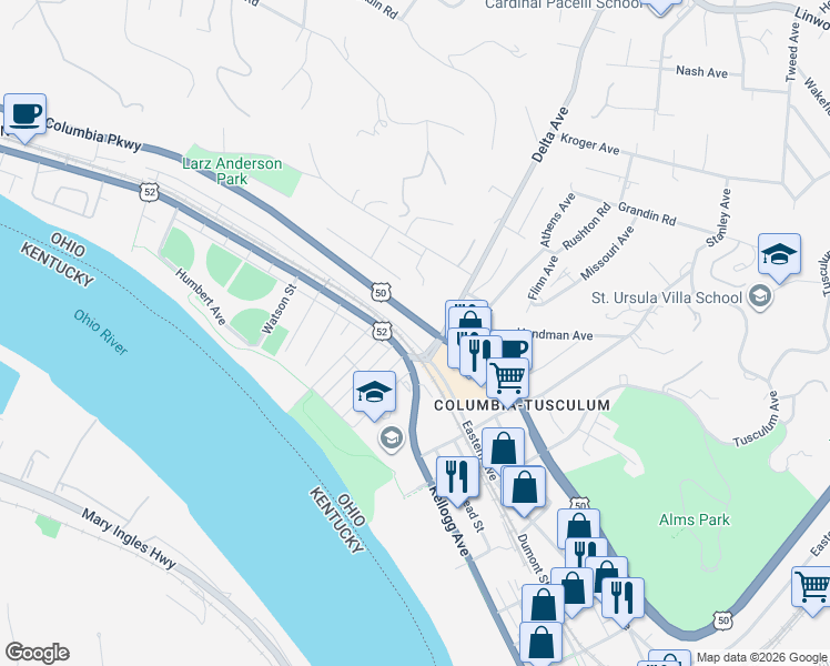 map of restaurants, bars, coffee shops, grocery stores, and more near 3428 Walworth Avenue in Cincinnati