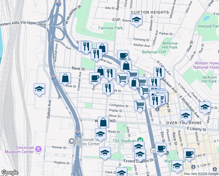 map of restaurants, bars, coffee shops, grocery stores, and more near 545 York Street in Cincinnati