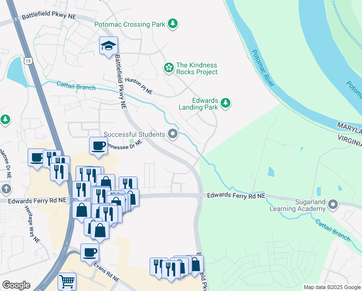 map of restaurants, bars, coffee shops, grocery stores, and more near 1616 Chickasaw Place Northeast in Leesburg