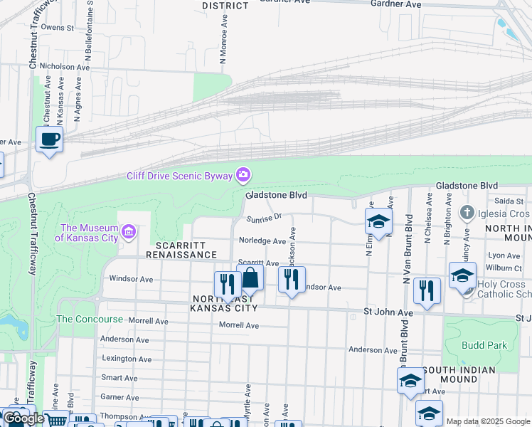 map of restaurants, bars, coffee shops, grocery stores, and more near 3914 Sunrise Drive in Kansas City