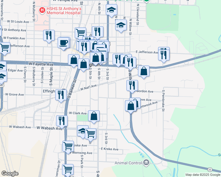 map of restaurants, bars, coffee shops, grocery stores, and more near 602 South 3rd Street in Effingham