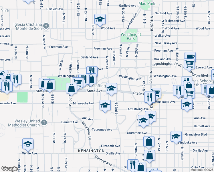map of restaurants, bars, coffee shops, grocery stores, and more near 2402 State Avenue in Kansas City